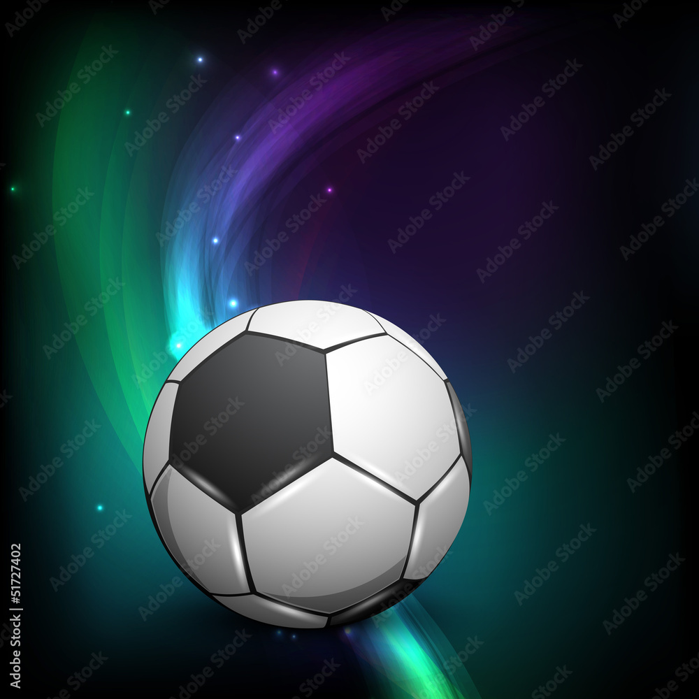 Shiny soccer ball on wave background and space for your message.