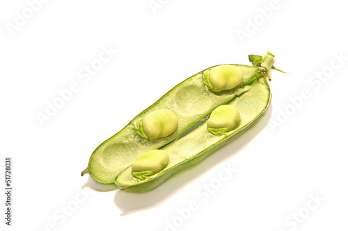 Open pod broad beans isolated on white background