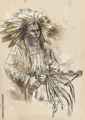 Indian chief holding a peace pipe - Hand drawing into vector