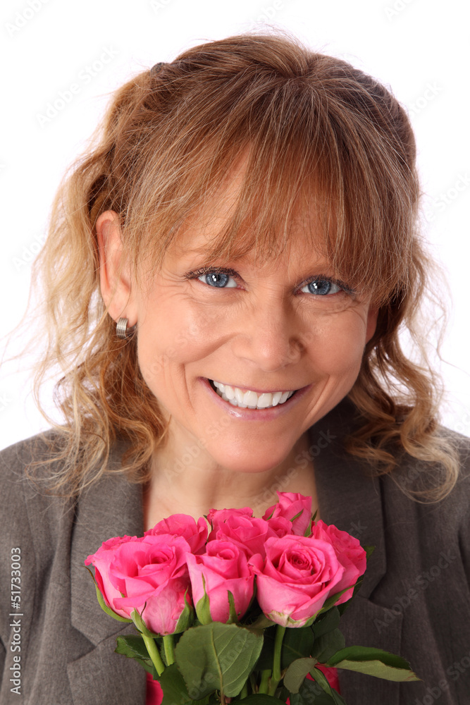 Cute woman with 10 pink roses Cute woman with 10 pink roses