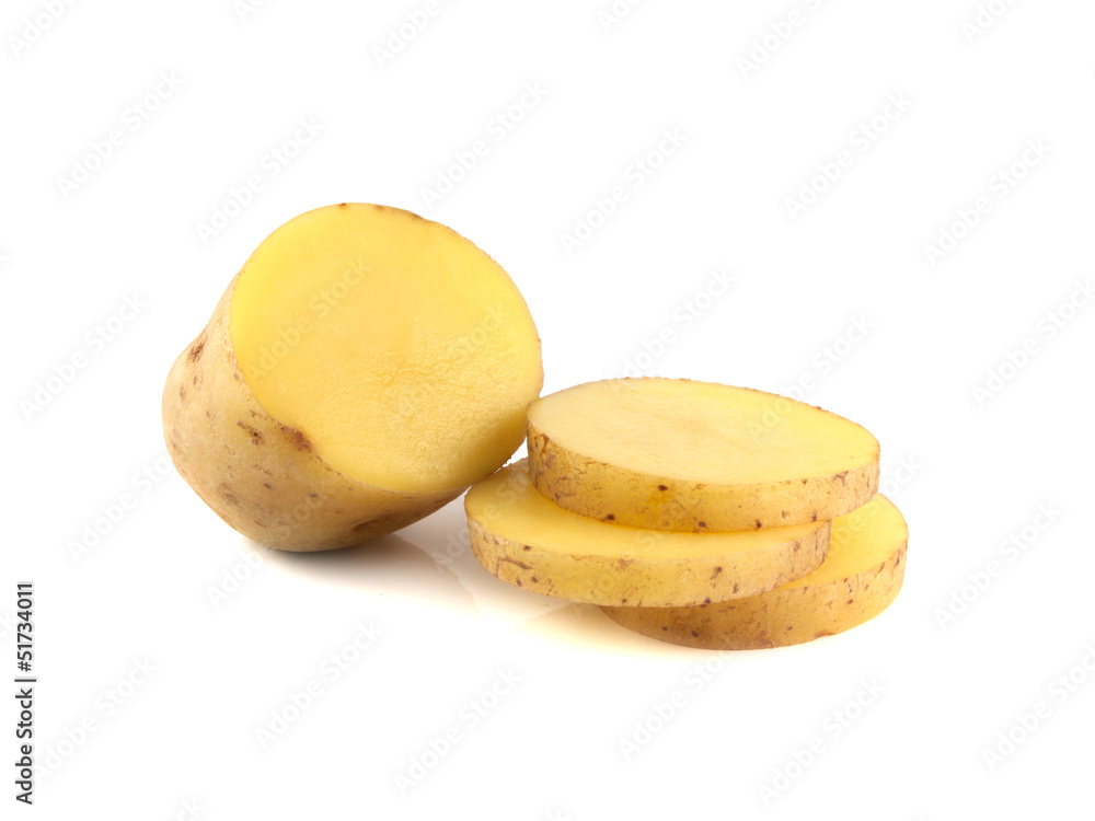 New potato half with slices isolated on white