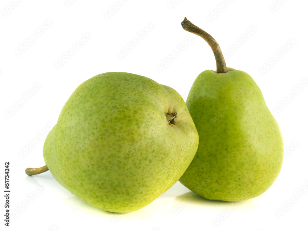 Two ripe green pear on white background. Two ripe green pear on white background.
