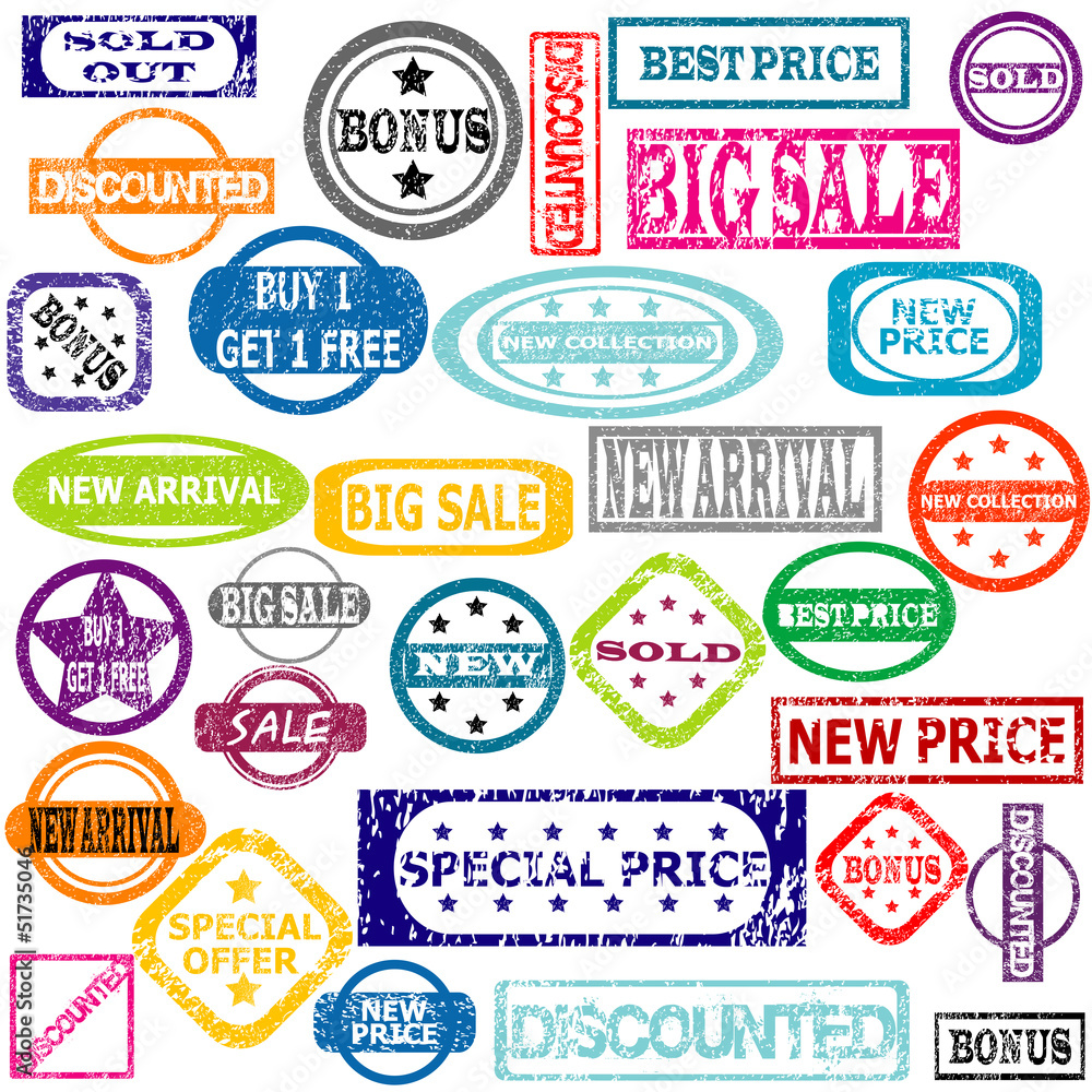 Rubber colored stamps with sale messages