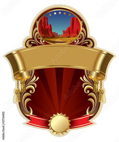 Gold-framed label with a canyon