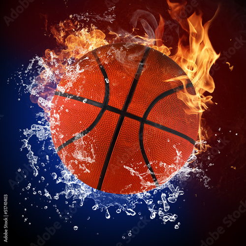 Basketball ball in fire flames and splashing water