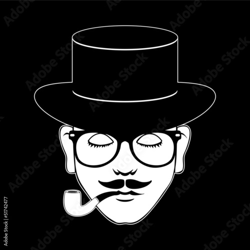 Man in cylinder smoking a pipe