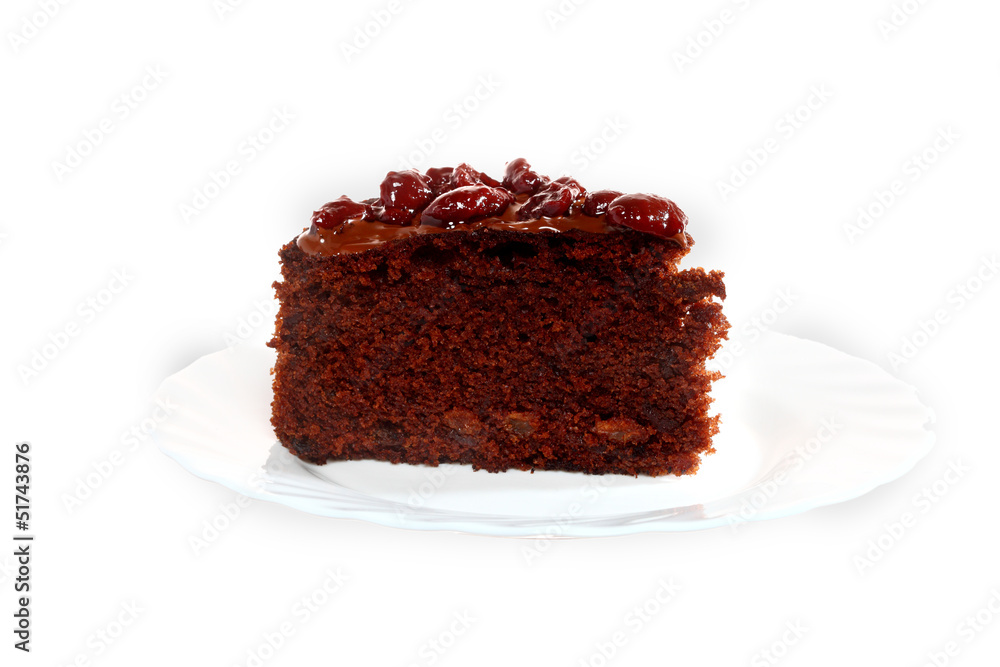 Piece of chocolate cake with icing and cherry Piece of chocolate cake with icing and cherry