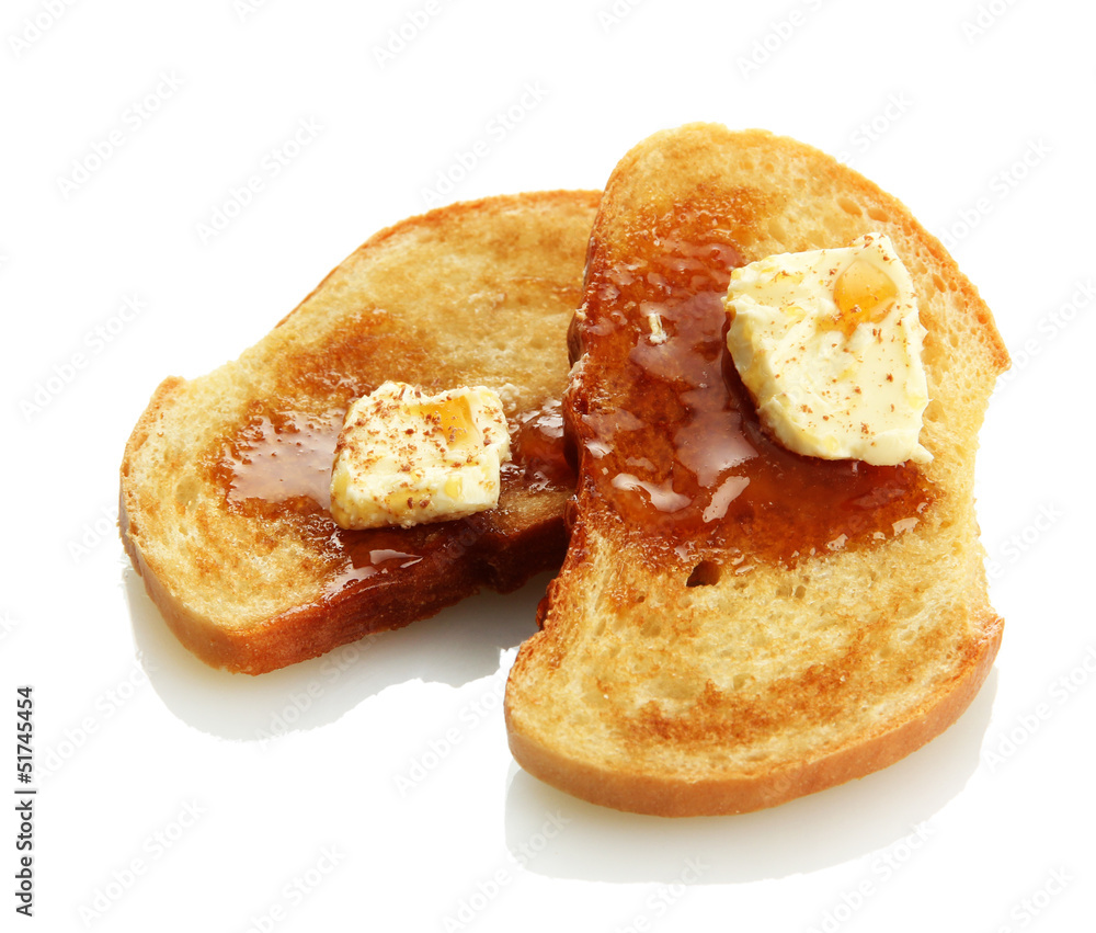 White bread toast with honey on plate, isolated on white White bread toast with honey on plate, isolated on white