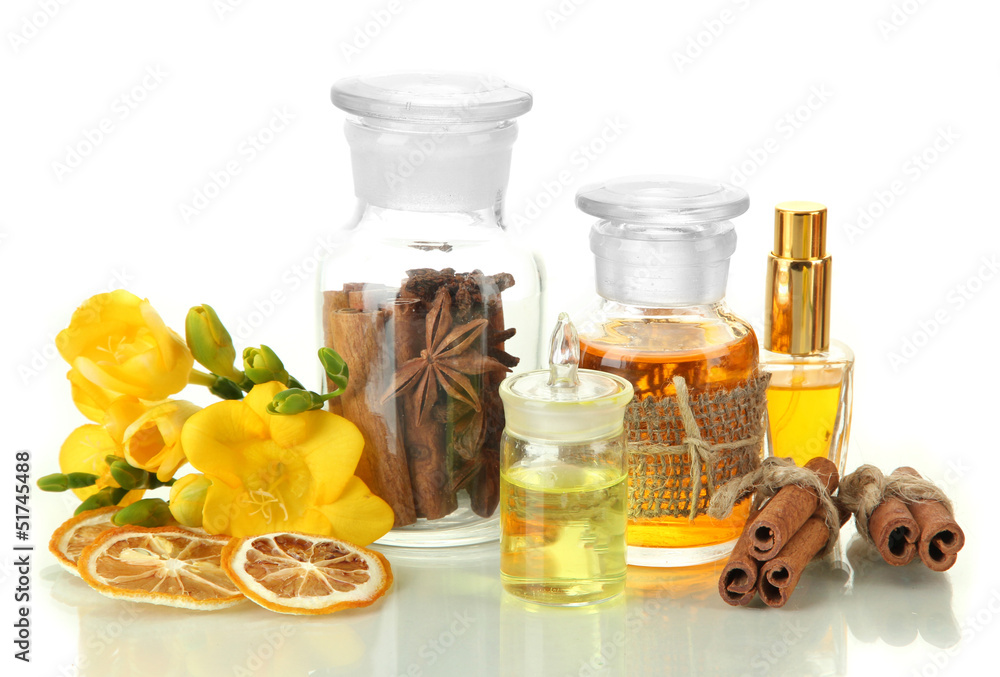 Bottles with ingredients for the perfume, isolated on white Bottles with ingredients for the perfume, isolated on white