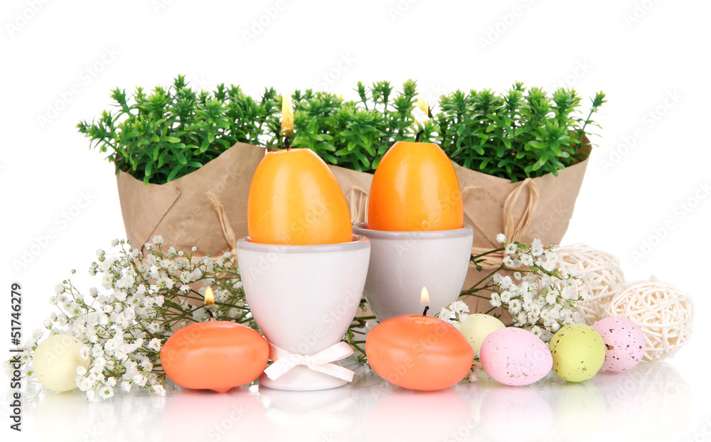 Easter candles with flowers isolated on white Easter candles with flowers isolated on white