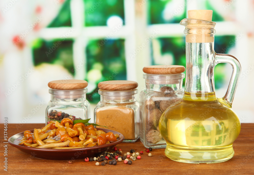 Composition of delicious marinated mushrooms, oil and spices Composition of delicious marinated mushrooms, oil and spices