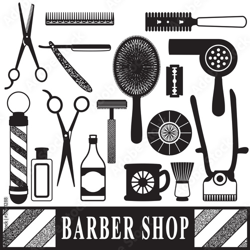 Vintage barber and hairdresser related silhouette set