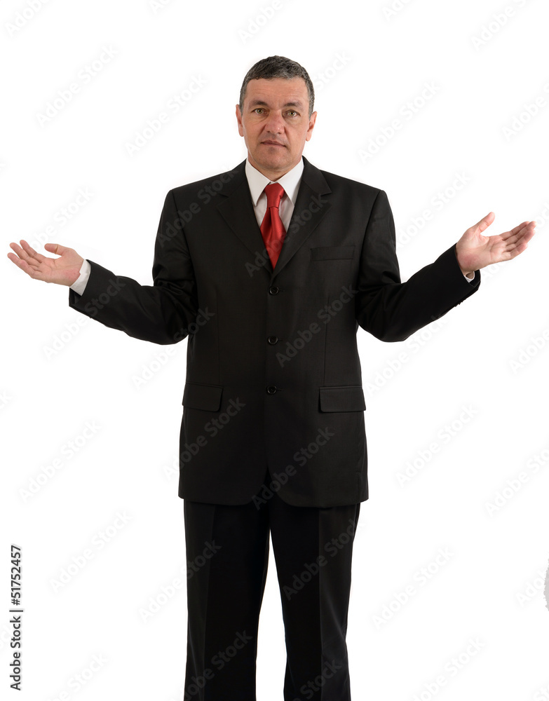 Aged businessman making various gestures isolated on white backg Aged businessman making various gestures isolated on white backg