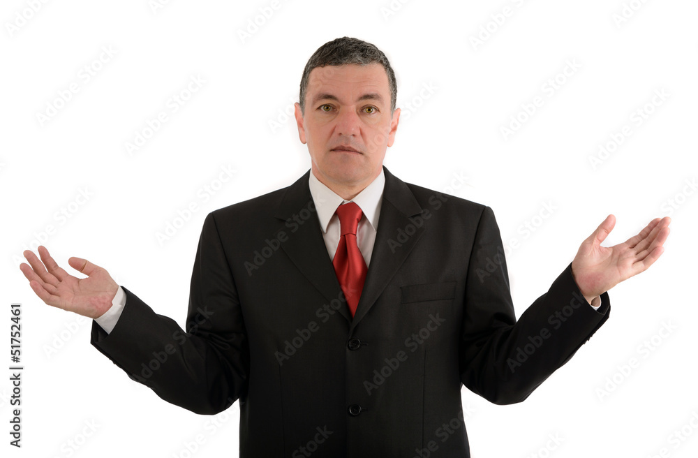 Aged businessman making various gestures isolated on white backg Aged businessman making various gestures isolated on white backg