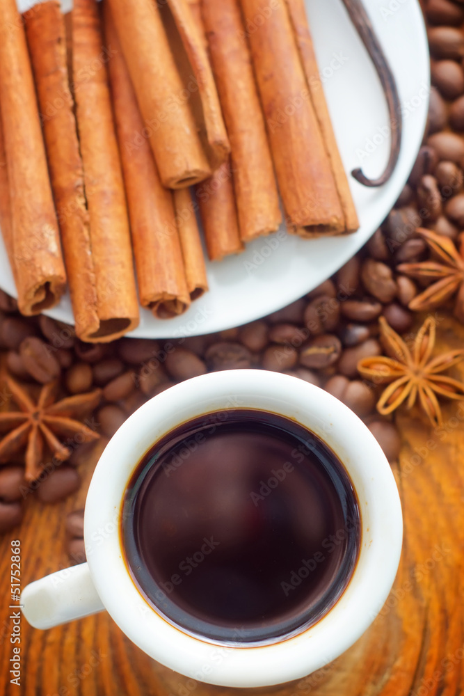 Fresh aroma coffee in the white cup, coffee and cinnamon Fresh aroma coffee in the white cup, coffee and cinnamon