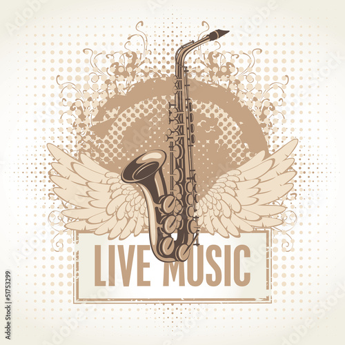 saxophone with wings and the words Live Music