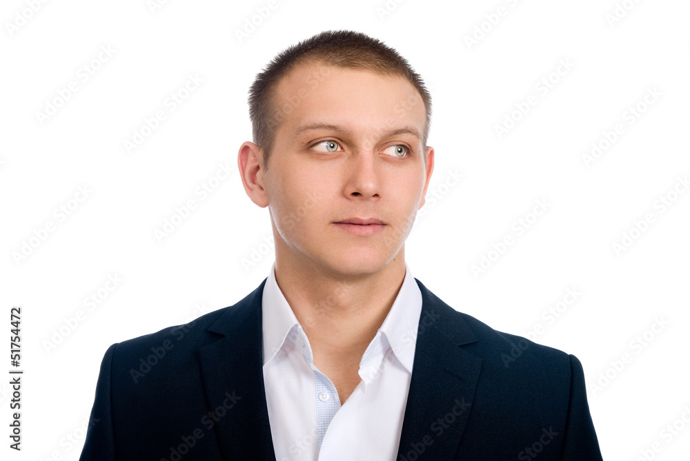 Close-up portrait of a pensive successful entrepreneur. Looks as Close-up portrait of a pensive successful entrepreneur. Looks as