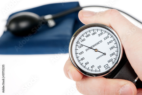 Hand holding a sphygmomanometer isolated on white background