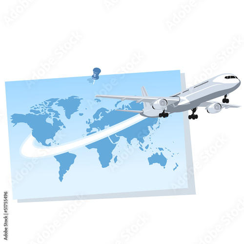 Avión saliendo de un mapa del mundo