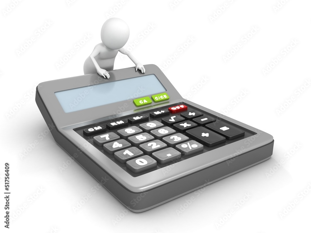 3d man with a classic office calculator 3d man with a classic office calculator