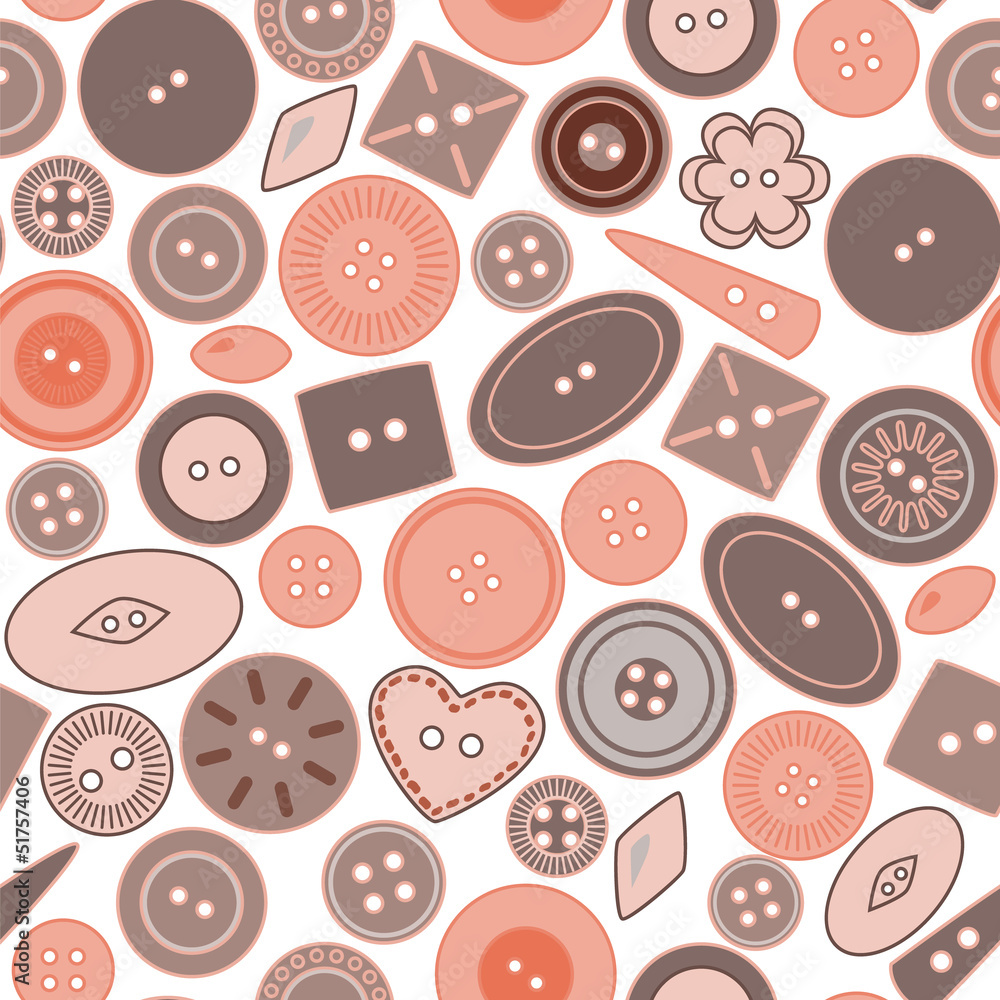Red and brown craft buttons on white seamless pattern, vector Red and brown craft buttons on white seamless pattern, vector