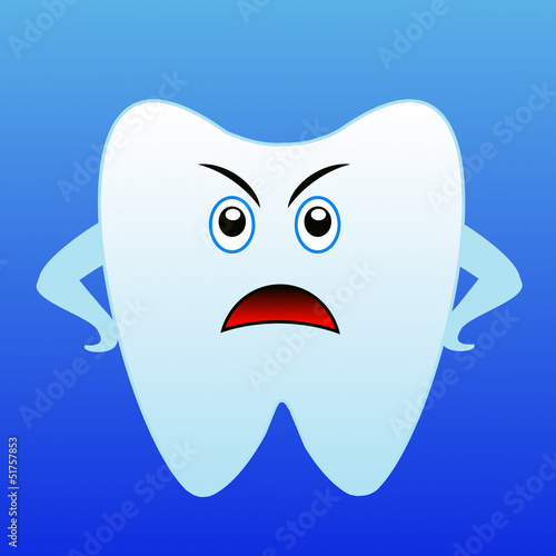 an angry tooth on a blue background