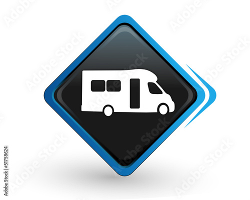 icône camping car sur bouton carré bleu