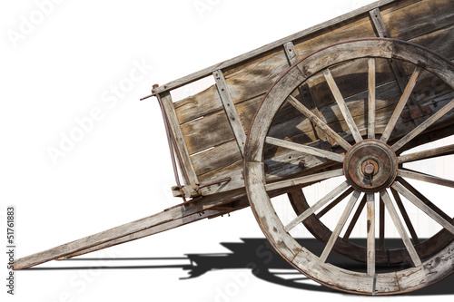Two-wheeled cart or cart, with poles to hitch the horse and boards to support the load, on a white background. photo