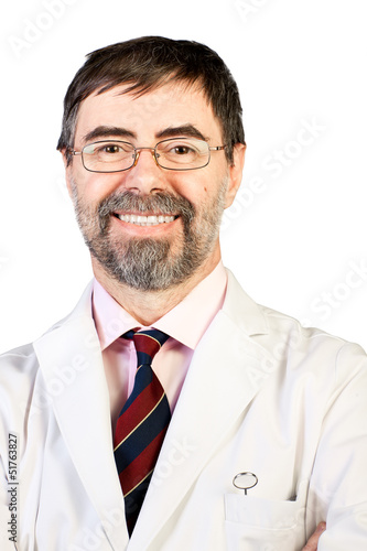 Closeup portrait of happy middle-aged dentist on a white backgro