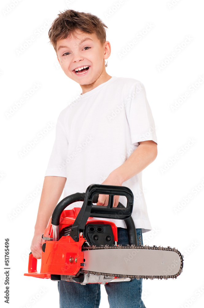 Naklejka premium Boy with chainsaw