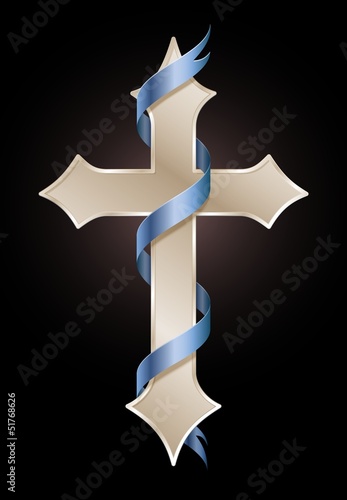 Golden cross with blue ribbon