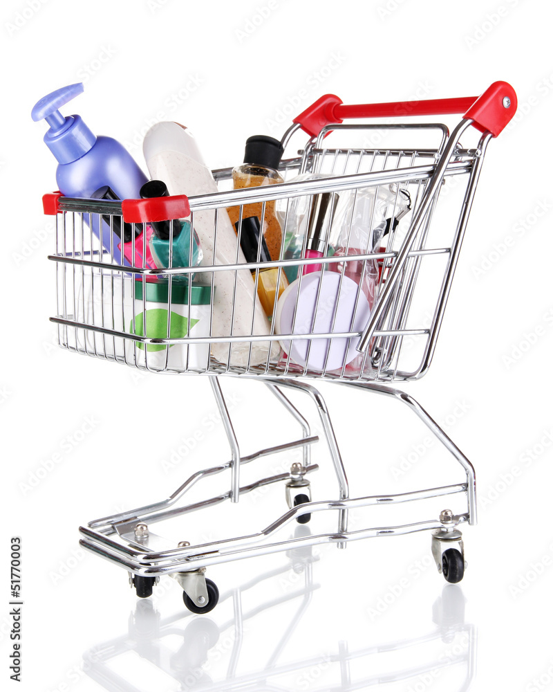Cosmetics in cart isolated on white Cosmetics in cart isolated on white