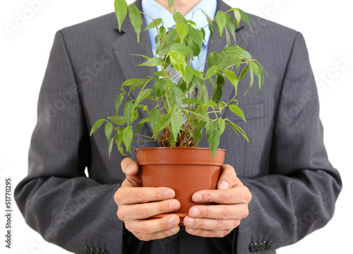 Young businessman with plant isolated on white.
