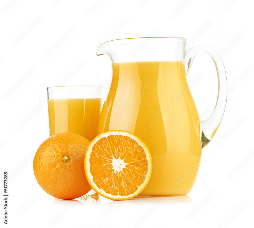 Jug, glass of orange juice and orange fruits Jug, glass of orange juice and orange fruits