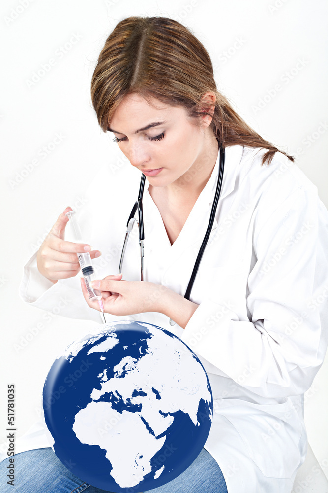 doctor woman give injection to world globe isolated on white doctor woman give injection to world globe isolated on white