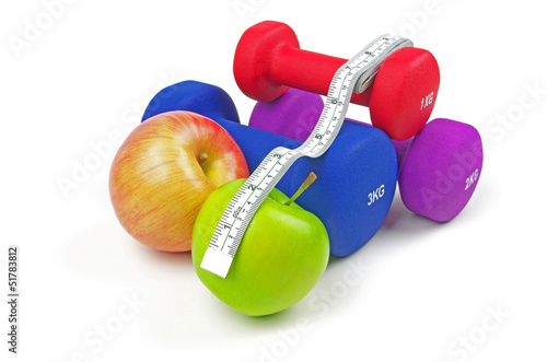 fitness weights apples and measuring tape