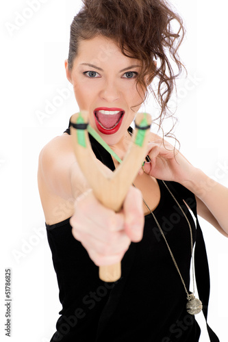 Young woman with slingshot