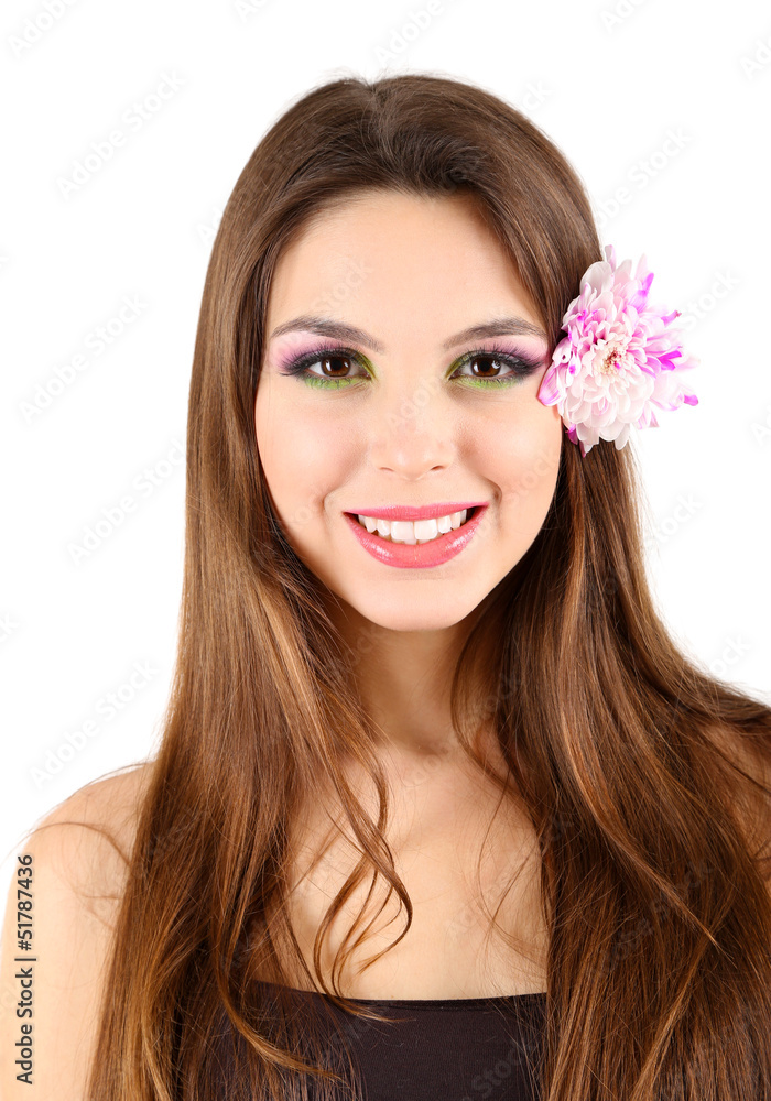 Young beautiful girl with flower in her hair, isolated on white Young beautiful girl with flower in her hair, isolated on white
