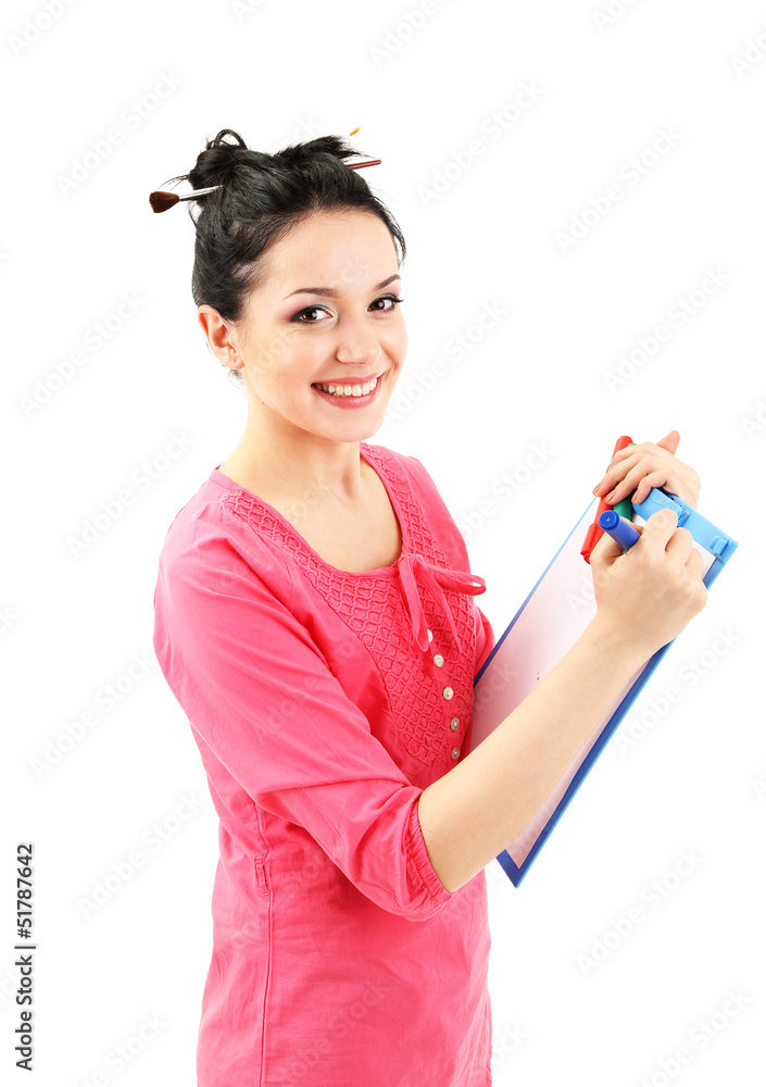 Beautiful young woman painter at work, isolated on white Beautiful young woman painter at work, isolated on white
