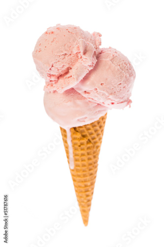 strawberry ice cream in a cone on white background