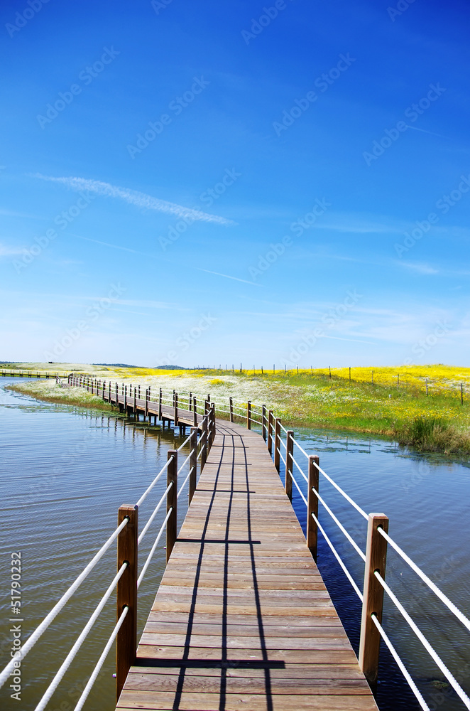 Obraz premium Wooden bridge into the lake of Alqueva , Portugal