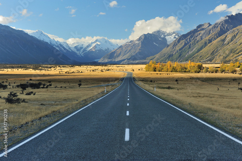 Straight empty highway leading into Aoraki-Mount Cook