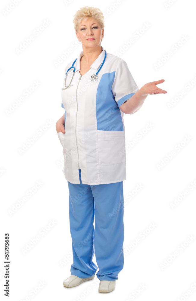 Mature doctor shows welcome gesture Mature doctor shows welcome gesture