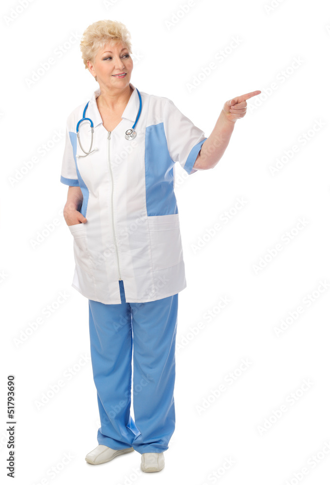 Mature doctor shows pointing gesture Mature doctor shows pointing gesture