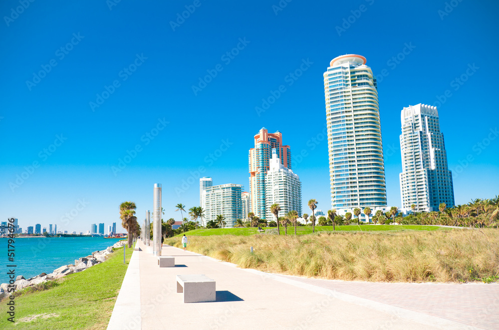 Miami Beach in Florida with luxury apartments and waterway