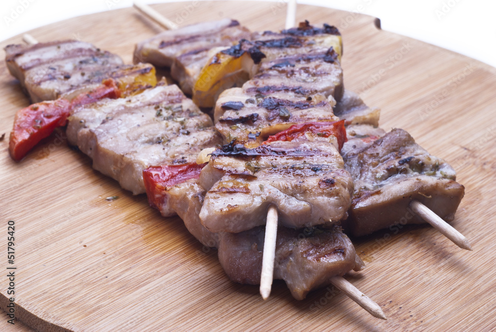 mixed meat skewer on wooden
