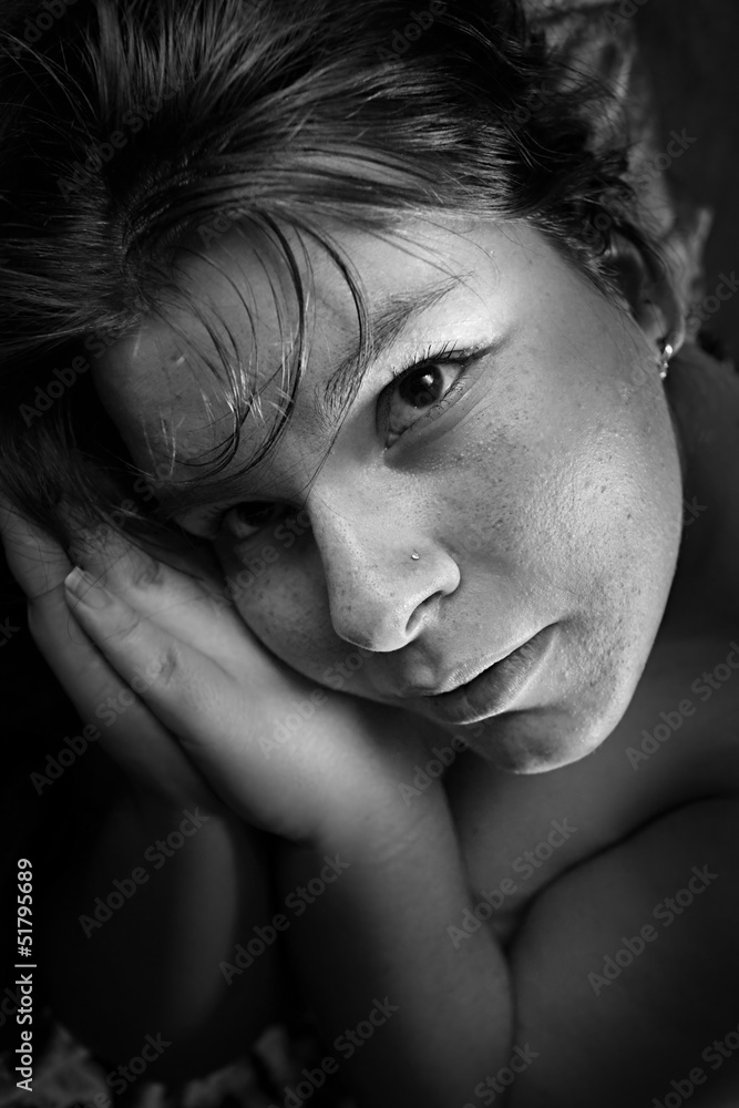 Black and white portrait of an praying girl. Black and white portrait of an praying girl.