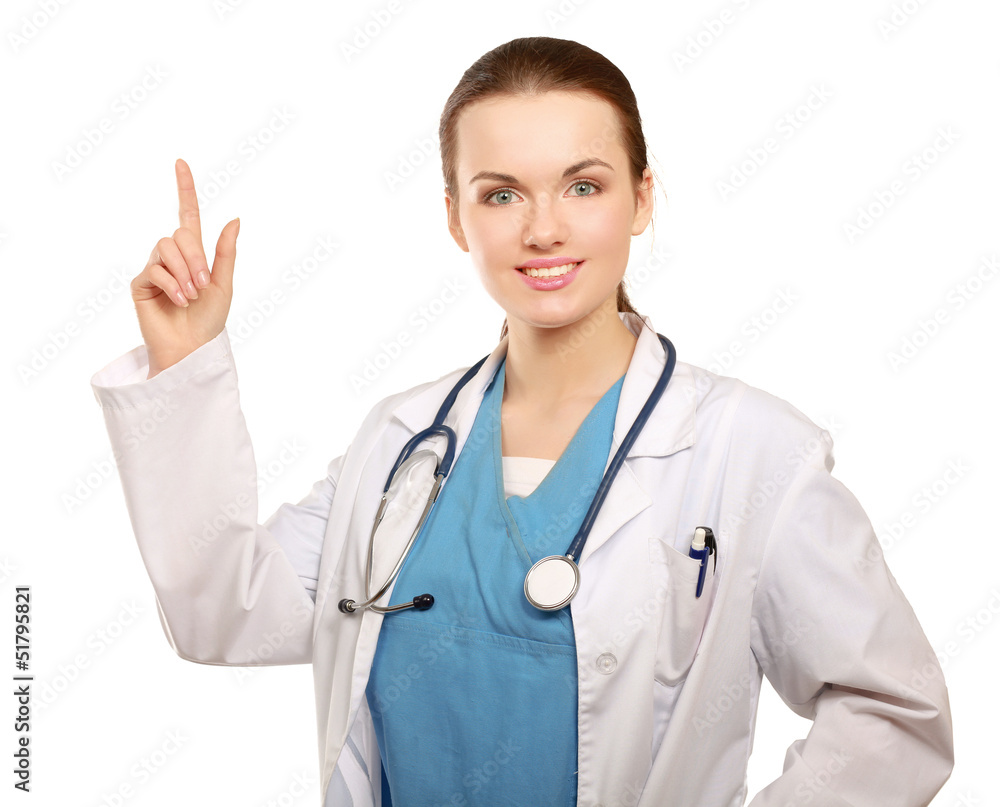 Portrait of a female doctor, pointing up Portrait of a female doctor, pointing up