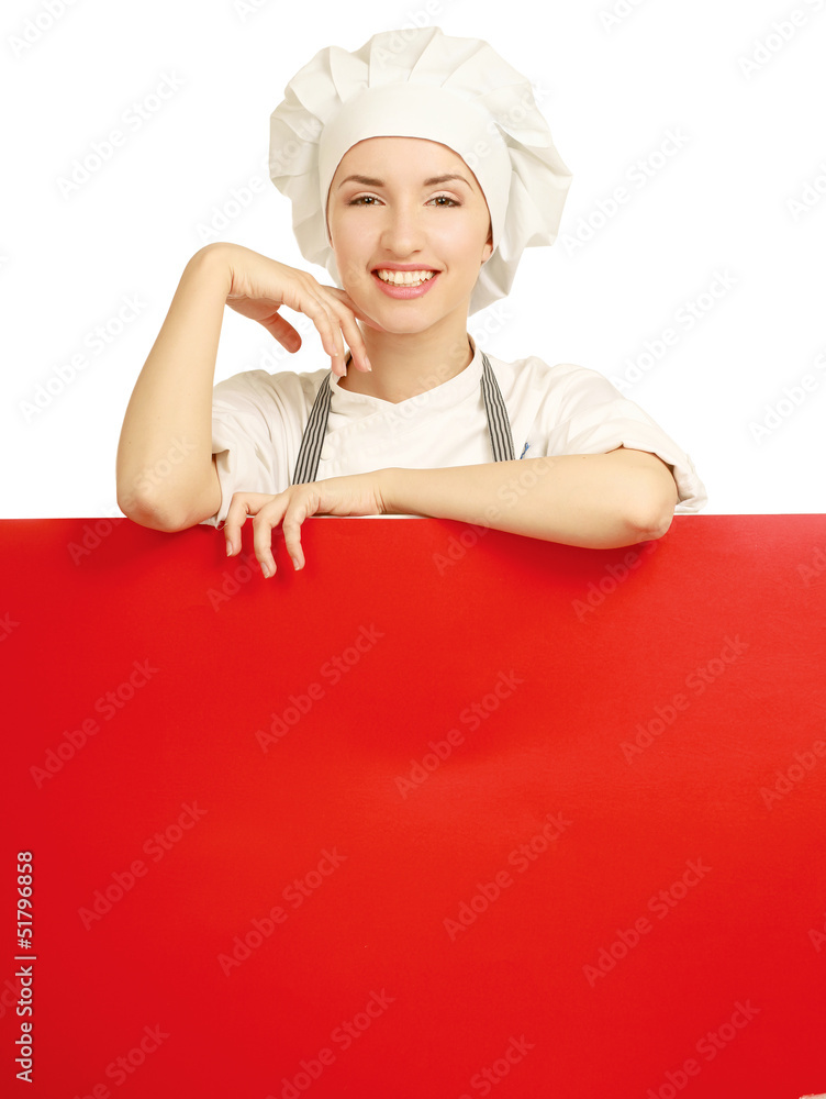 Happy woman cook or baker holding over paper Happy woman cook or baker holding over paper