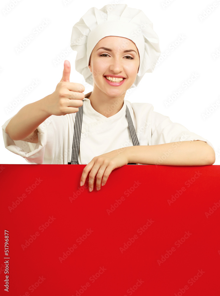 Chef woman holding a blank board and showing Chef woman holding a blank board and showing